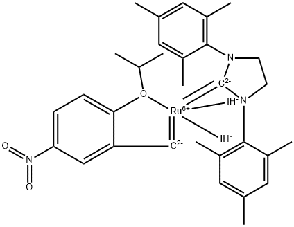 [1,3-Bis(2,4,6-trimethylphenyl)imidazolidin-2-ylidene)-(2-i-propoxy-5-nitrobenzylidene) ruthenium(II) diiodide nitro-Grela I2 구조식 이미지