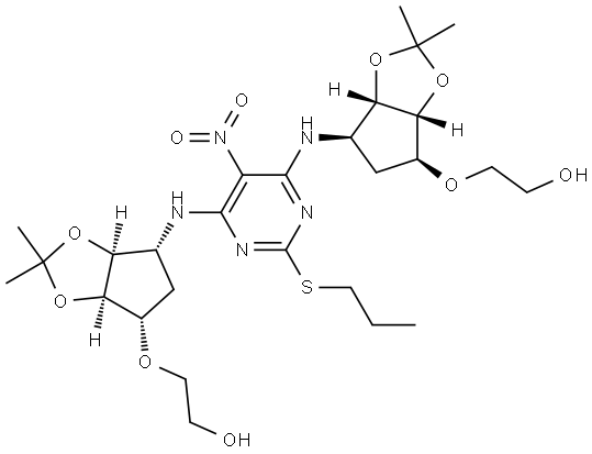 rac-2,2'-(((3aR,3a'R,4R,4'R,6S,6aS,6'S,6a'S)-((5-nitro-2-(propylthio)pyrimidine-4,6-diyl)bis(azanediyl))bis(2,2-dimethyltetrahydro-4H-cyclopenta[d][1,3]dioxole-6,4-diyl))bis(oxy))bis(ethan-1-ol) Structure