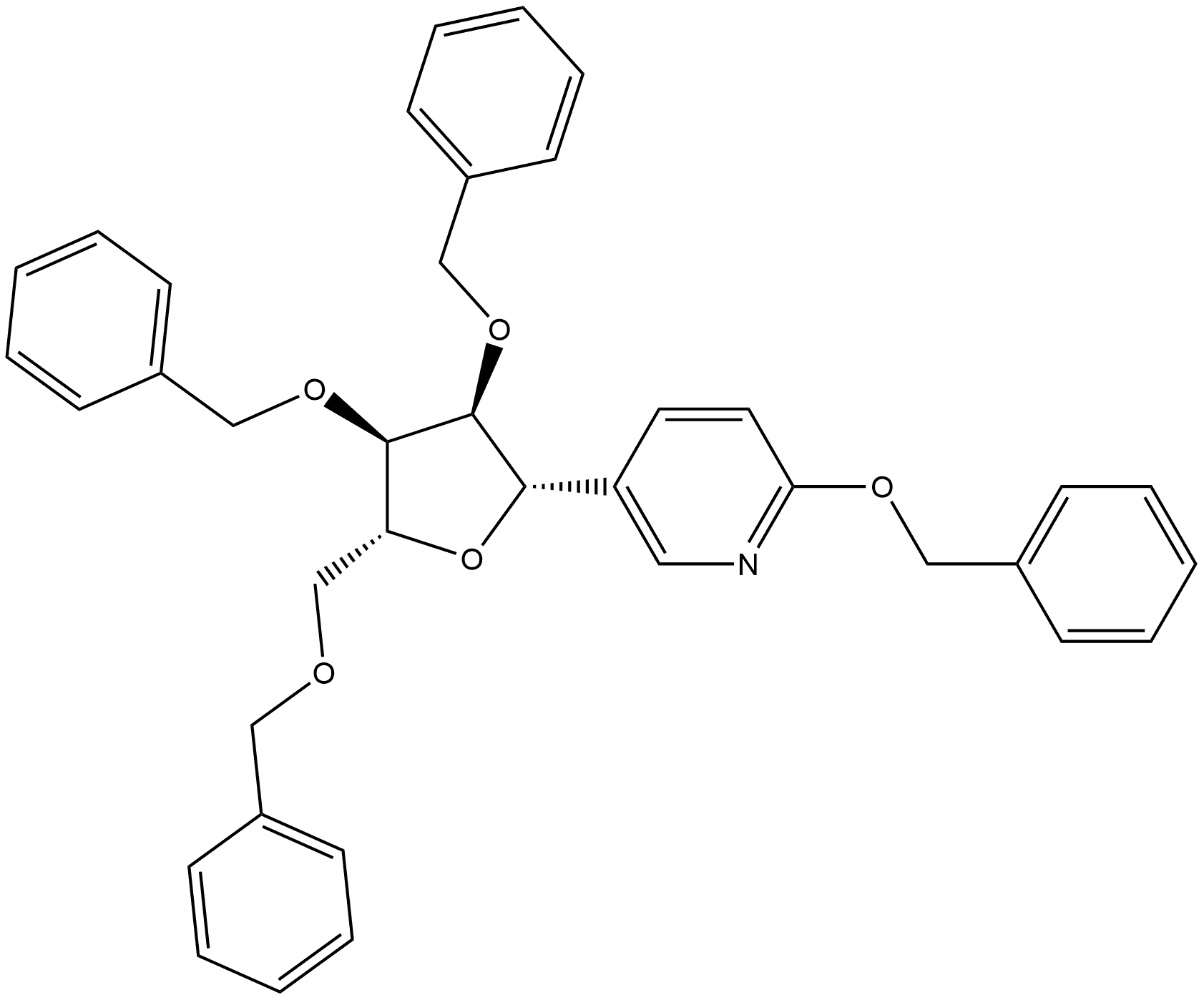 2-(benzyloxy)-5-((2S,3S,4R,5R)-3,4-bis(benzyloxy)-5-((benzyloxy)methyl)tetrahydrofuran-2-yl)pyridine 구조식 이미지