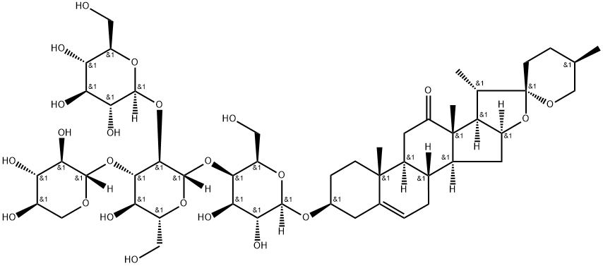 ? (3β, 25R)-3-[(O-β-D-glucopyranosyl-(1→2)-O-[β-D-xylopyranosyl-(1→3)]-O-β-D-glucopyranosyl-(1→4)-β-D-galactopyranosyl)oxy]spirost-5-en-12-one Structure