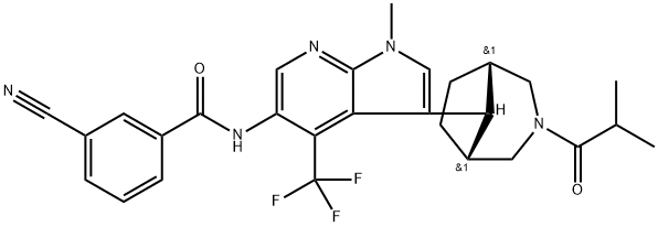 3-cyano-N-(1-methyl-3-[(8-anti)-3-(2-methylpropanoyl)-3-azabicyclo[3.2.1]oct-8-yl]-4-(trifluoromethyl)-lH- pyrrolo[2.3-b]pyridin-5-yl}benzamide Structure