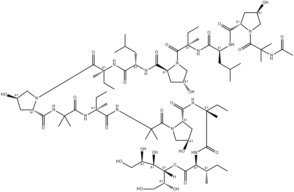 L-Isoleucine, N-acetyl-2-methylalanyl-(4R)-4-hydroxy-L-prolyl-L-leucyl-D-isovalyl-(4R)-4-hydroxy-L-prolyl-L-leucyl-L-isovalyl-(4R)-4-hydroxy-L-prolyl-2-methylalanyl-L-isovalyl-2-methylalanyl-(4R)-4-hydroxy-L-prolyl-D-isovalyl-, 3-ester with D-mannitol Structure