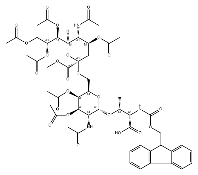 L-Threonine, O-[3,4-di-O-acetyl-2-(acetylamino)-6-O-(N-acetyl-4,7,8,9-tetra-O-acetyl-1-methyl-α-neuraminosyl)-2-deoxy-α-D-galactopyranosyl]-N-[(9H-fluoren-9-ylmethoxy)carbonyl]- Structure