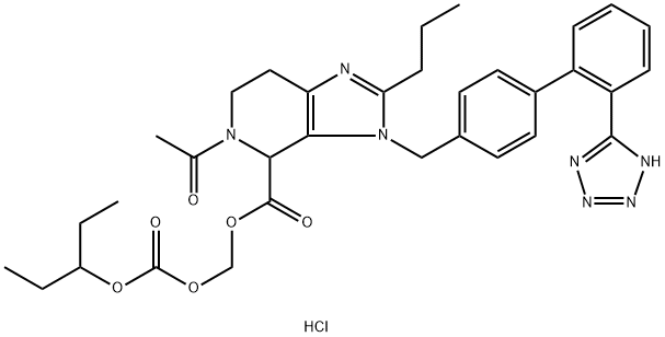 3H-Imidazo[4,5-c]pyridine-4-carboxylic acid, 5-acetyl-4,5,6,7-tetrahydro-2-propyl-3-[[2'-(2H-tetrazol-5-yl)[1,1'-biphenyl]-4-yl]methyl]-, [[(1-ethylpropoxy)carbonyl]oxy]methyl ester, hydrochloride (1:1) Structure