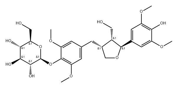 β-D-Glucopyranoside, 2,6-dimethoxy-4-[[(3R,4R,5S)-tetrahydro-5-(4-hydroxy-3,5-dimethoxyphenyl)-4-(hydroxymethyl)-3-furanyl]methyl]phenyl 구조식 이미지