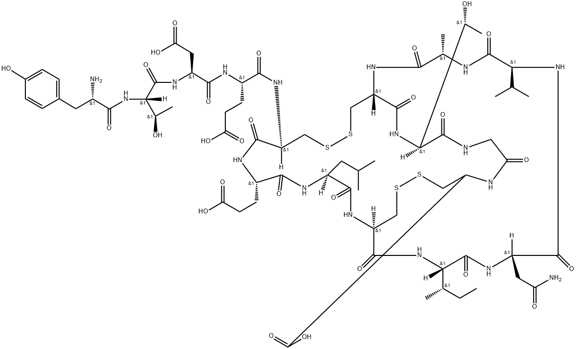 L-Cysteine, L-tyrosyl-L-threonyl-L-α-aspartyl-L-α-glutamyl-L-cysteinyl-L-α-glutamyl-L-leucyl-L-cysteinyl-L-isoleucyl-L-asparaginyl-L-valyl-L-alanyl-L-cysteinyl-L-threonylglycyl-, cyclic (5→13),(8→16)-bis(disulfide) 구조식 이미지