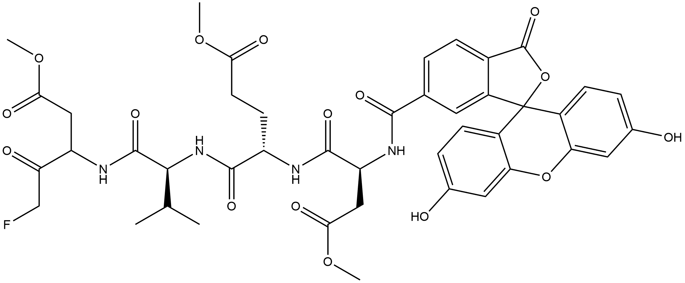 L-Valinamide, N-[(3',6'-dihydroxy-3-oxospiro[isobenzofuran-1(3H),9'-[9H]xanthen]-6-yl)carbonyl]-L-α-aspartyl-L-α-glutamyl-N-[1-(2-fluoroacetyl)-3-methoxy-3-oxopropyl]-, 1,2-dimethyl ester Structure