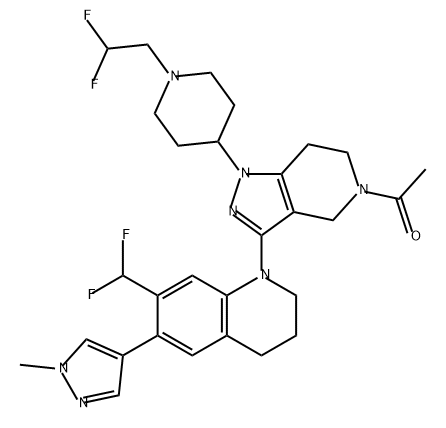 1-[1-(2,2-difluoroethyl)-4-piperidyl]-3-[7-(difluoromethyl)-6-(1-methylpyrazol-4-yl)-3,4-dihydro-2-H-quinolin-1-yl]-6,7-dihydro-4H-pyrazolo[4,3-c]pyridin-5-yl]ethanone Structure