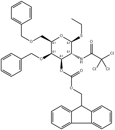 β-D-Galactopyranoside, ethyl 2-deoxy-4,6-bis-O-(phenylmethyl)-1-thio-2-[(2,2,2-trichloroacetyl)amino]-, 3-(9H-fluoren-9-ylmethyl carbonate) Structure