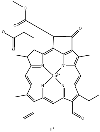 hydrogen  [3S-(3alpha,4beta,21beta)]-[14-ethyl-13-formyl-21-(methoxycarbonyl)-4,8,18-trimethyl-20-oxo-9-vinylphorbine-3-propionato(3-)-N23,N24,N25,N26]cuprate(1-) Structure