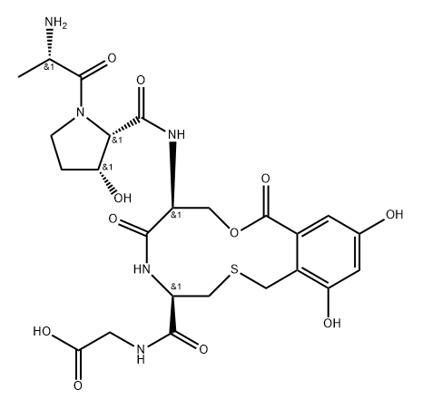 Glycine, L-alanyl-(3R)-3-hydroxy-L-prolyl-O-[3,5-dihydroxy-2-(mercaptomethyl)benzoyl]-L-seryl-L-cysteinyl-, cyclic (3→4)-thioether (9CI) 구조식 이미지