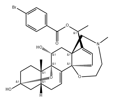 (20S)-22-Methyl-3α,9α-epoxy-14β,18-(epoxyethanimino)-5β-pregna-7,16-diene-3β,11α,20-triol 20-(p-bromobenzoate) 구조식 이미지