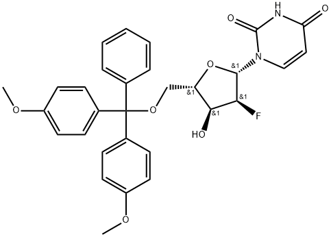 2,4(1H,3H)-Pyrimidinedione, 1-[5-O-[bis(4-methoxyphenyl)phenylmethyl]-2-deoxy-2-fluoro-β-L-ribofuranosyl]- Structure