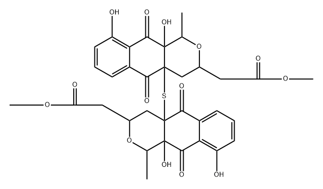 1H-Naphtho[2,3-c]pyran-3-acetic acid, 4a,4'a-thiobis[3,4,4a,5,10,10a-hexahydro-9,10a-dihydroxy-1-methyl-5,10-dioxo-, dimethyl ester, (1R,1'R,3R,3'R,4aR,4'aR,10aS,10'aS)- 구조식 이미지