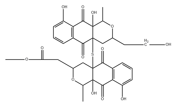 1H-Naphtho[2,3-c]pyran-3-acetic acid, 4a-[[1,3,4,5,10,10a-hexahydro-9,10a-dihydroxy-3-(2-hydroxyethyl)-1-methyl-5,10-dioxo-4aH-naphtho[2,3-c]pyran-4a-yl]thio]-3,4,4a,5,10,10a-hexahydro-9,10a-dihydroxy-1-methyl-5,10-dioxo-, methyl ester, (-)- 구조식 이미지