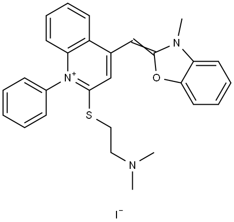 Quinolinium, 2-[[2-(dimethylamino)ethyl]thio]-4-[(3-methyl-2(3H)-benzoxazolylidene)methyl]-1-phenyl-, iodide (1:1) Structure