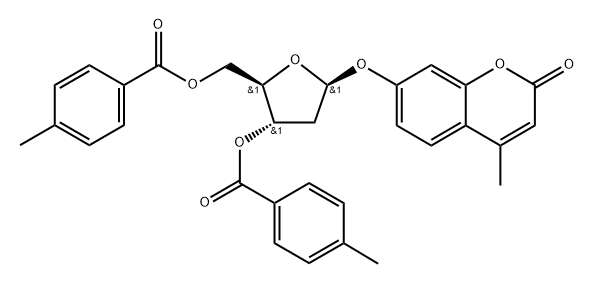 2H-1-Benzopyran-2-one, 7-2-deoxy-3,5-bis-O-(4-methylbenzoyl)-.beta.-D-erythro-pentofuranosyloxy-4-methyl- Structure