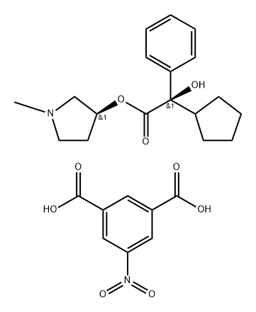 rel-(3R)-3-{[(2S)-2-cyclopentyl-2-hydroxy-2-phenylacetyl]oxy}-1-methylpyrrolidinium 3-carboxy-5-nitrobenzoate Structure