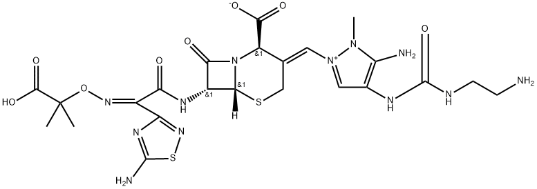 1H-Pyrazolium, 5-amino-4-[[[(2-aminoethyl)amino]carbonyl]amino]-2-[(Z)-[(2R,6R,7R)-7-[[(2Z)-2-(5-amino-1,2,4-thiadiazol-3-yl)-2-[(1-carboxy-1-methylethoxy)imino]acetyl]amino]-2-carboxy-8-oxo-5-thia-1-azabicyclo[4.2.0]oct-3-ylidene]methyl]-1-methyl-, inner salt 구조식 이미지