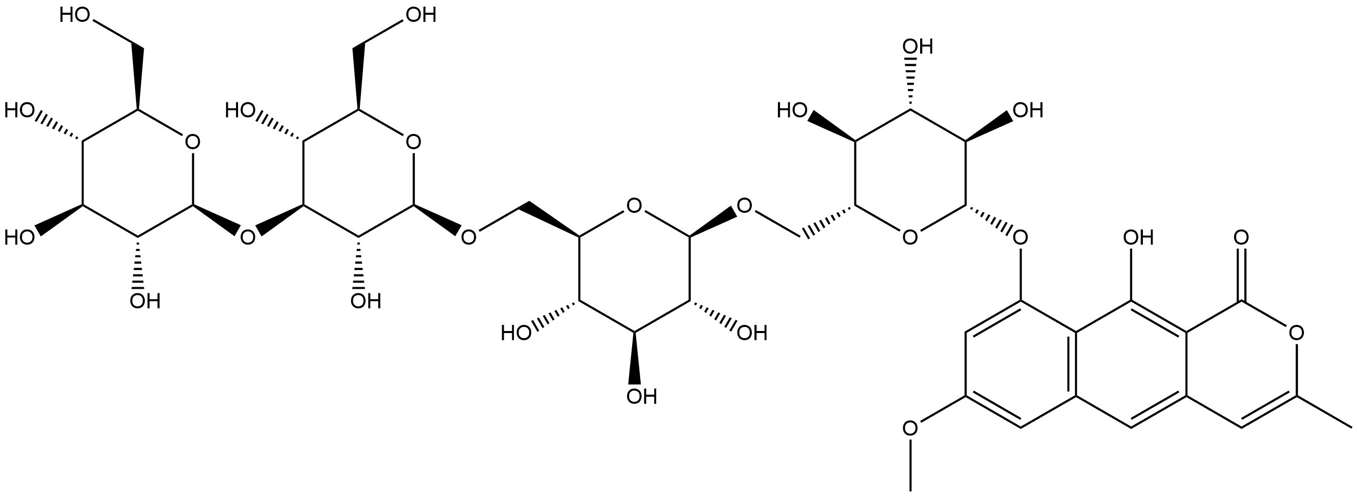 1H-Naphtho[2,3-c]pyran-1-one, 9-[(O-β-D-glucopyranosyl-(1→3)-O-β-D-glucopyranosyl-(1→6)-O-β-D-glucopyranosyl-(1→6)-β-D-glucopyranosyl)oxy]-10-hydroxy-7-methoxy-3-methyl- Structure