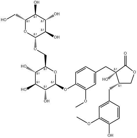 2(3H)-Furanone, 3-[[4-[(6-O-β-D-glucopyranosyl-β-D-glucopyranosyl)oxy]-3-methoxyphenyl]methyl]dihydro-3-hydroxy-4-[(4-hydroxy-3-methoxyphenyl)methyl]-, (3S,4S)- Structure