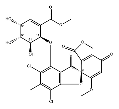 Spiro[benzofuran-2(3H),1'-[2,5]cyclohexadiene]-2'-carboxylic acid, 5,7-dichloro-6'-methoxy-6-methyl-3,4'-dioxo-4-[[(1R,4R,5R,6S)-4,5,6-trihydroxy-2-(methoxycarbonyl)-2-cyclohexen-1-yl]oxy]-, methyl ester, (1'S)-rel-(+)- Structure