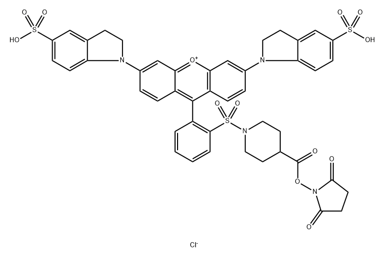 Xanthylium, 3,6-bis(2,3-dihydro-5-sulfo-1H-indol-1-yl)-9-[2-[[4-[[(2,5-dioxo-1-pyrrolidinyl)oxy]carbonyl]-1-piperidinyl]sulfonyl]phenyl]-, chloride (1:1) Structure