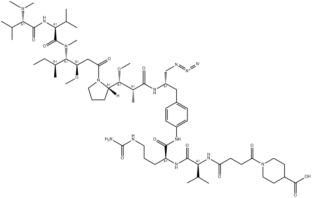 1-(4-(((S)-1-(((S)-1-((4-((S)-3-azido-2-((2R,3R)-3-((S)-1-((3R,4S,5S)-4-((S)-2-((S)-2-(dimethylamino)-3-methylbutanamido)-N,3-dimethylbutanamido)-3-methoxy-5-methylheptanoyl)pyrrolidin-2-yl)-3-methoxy-2-methylpropanamido)propyl)phenyl)amino)-1-oxo-5-ureidopentan-2-yl)amino)-3-methyl-1-oxobutan-2-yl)amino)-4-oxobutanoyl)piperidine-4-carboxylic acid Structure