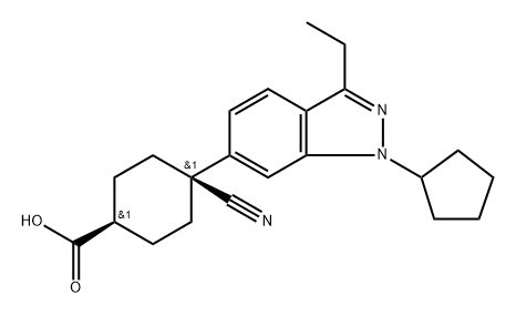 Cyclohexanecarboxylic acid, 4-cyano-4-(1-cyclopentyl-3-ethyl-1H-indazol-6-yl)-, cis- Structure