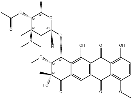 1,6,11(2H)-Naphthacenetrione, 4-[[4-O-acetyl-2,3,6-trideoxy-3-(dimethylamino)-3-C-methyl-α-lyxo-hexopyranosyl]oxy]-3,4-dihydro-2,5,7-trihydroxy-3,10-dimethoxy-2-methyl-, (2R,3R,4R)-rel- (9CI) 구조식 이미지