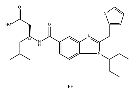 Hexanoic acid, 3-[[[1-(1-ethylpropyl)-2-(2-thienylmethyl)-1H-benzimidazol-5-yl]carbonyl]amino]-5-methyl-, potassium salt (1:1), (3S)- Structure