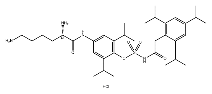 Sulfamic acid, N-[2-[2,4,6-tris(1-methylethyl)phenyl]acetyl]-, 4-[[(2S)-2,6-diamino-1-oxohexyl]amino]-2,6-bis(1-methylethyl)phenyl ester, hydrochloride (1:2) 구조식 이미지