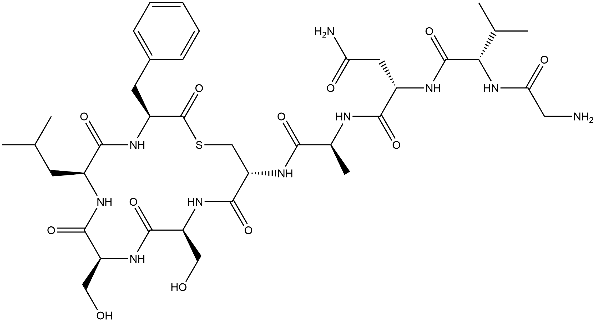 L-Phenylalanine, glycyl-L-valyl-L-asparaginyl-L-alanyl-L-cysteinyl-L-seryl-L-seryl-L-leucyl-, (9→5)-thiolactone Structure