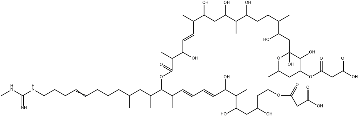 Propanedioic acid, 5,7,9,19,23,25,27,31,33,34-decahydroxy-15-[11-[[imino(methylamino)methyl]amino]-1,3-dimethyl-7-undecenyl]-8,14,18,22,26,30-hexamethyl-17-oxo-16,37-dioxabicyclo[31.3.1]heptatriaconta-10,12,20-triene-3,35-diyl ester (9CI) Structure