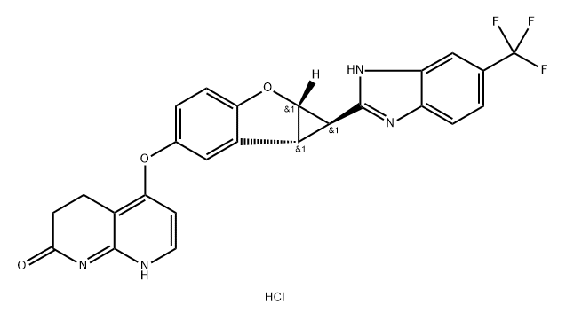 1,8-Naphthyridin-2(1H)-one, 5-[[(1R,1aS,6bR)-1a,6b-dihydro-1-[6-(trifluoromethyl)-1H-benzimidazol-2-yl]-1H-benzo[b]cyclopropa[d]furan-5-yl]oxy]-3,4-dihydro-, hydrochloride (1:1) Structure