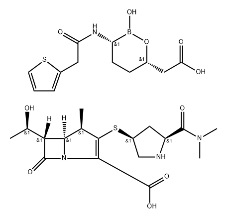 1-Azabicyclo[3.2.0]hept-2-ene-2-carboxylic acid, 3-[[(3S,5S)-5-[(dimethylamino)carbonyl]-3-pyrrolidinyl]thio]-6-[(1R)-1-hydroxyethyl]-4-methyl-7-oxo-, (4R,5S,6S)-, mixt. with (3R,6S)-2-hydroxy-3-[[2-(2-thienyl)acetyl]amino]-1,2-oxaborinane-6-acetic acid 구조식 이미지