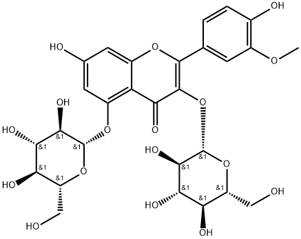 4H-1-Benzopyran-4-one, 3,5-bis(β-D-glucopyranosyloxy)-7-hydroxy-2-(4-hydroxy-3-methoxyphenyl)- 구조식 이미지