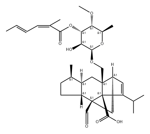 1,4-Methano-s-indacene-3a(1H)-carboxylic acid, 4,4a,5,6,7,7a,8,8a-octahydro-8a-(((6-deoxy-4-O-methyl-3-O-((2Z,4E)-2-methyl-1-oxo-2,4-hexadieny-l)beta-D-altropyranosyl)oxy)methyl)-4-formyl-7-methyl-3-(1-methylethyl)-, (1R,3aR,4S,4aR,7R,7aR,8aS)- Structure