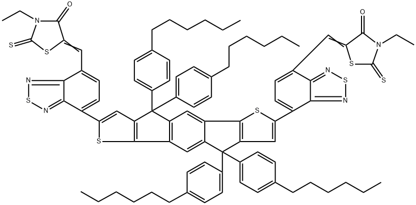 4-Thiazolidinone, 5,5'-[[4,4,9,9-tetrakis(4-hexylphenyl)-4,9-dihydro-s-indaceno[1,2-b:5,6-b']dithiophene-2,7-diyl]bis(2,1,3-benzothiadiazole-7,4-diylmethylidyne)]bis[3-ethyl-2-thioxo- Structure