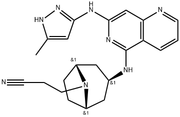 3-((1R,3S,5S)-3-((7-((5-Methyl-1H-pyrazol-3-yl)amino)-1,6-naphthyridin-5-yl)amino)-8-azabicyclo[3.2.1]octan-8-yl)propanenitrile 구조식 이미지
