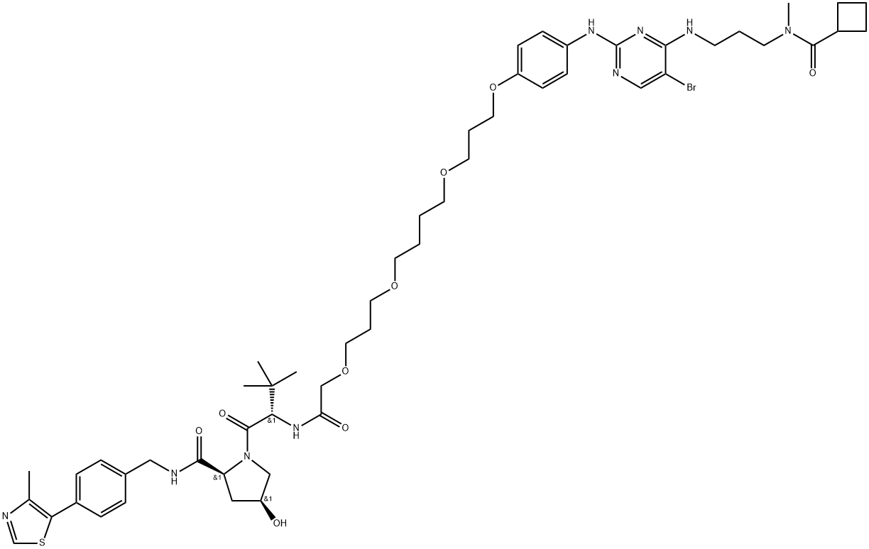 L-Prolinamide, N-[2-[3-[4-[3-[4-[[5-bromo-4-[[3-[(cyclobutylcarbonyl)methylamino]propyl]amino]-2-pyrimidinyl]amino]phenoxy]propoxy]butoxy]propoxy]acetyl]-3-methyl-L-valyl-4-hydroxy-N-[[4-(4-methyl-5-thiazolyl)phenyl]methyl]-, (4S)- 구조식 이미지