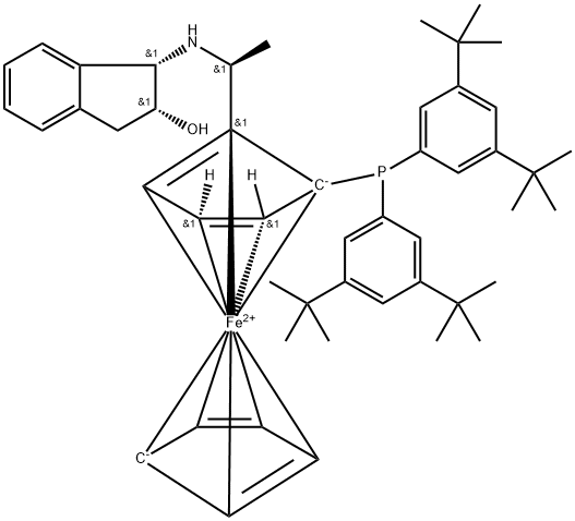Ferrocene, 1-[bis[3,5-bis(1,1-dimethylethyl)phenyl]phosphino]-2-[(1S)-1-[[(1S,2R)-2,3-dihydro-2-hydroxy-1H-inden-1-yl]amino]ethyl]-, (1S)- Structure