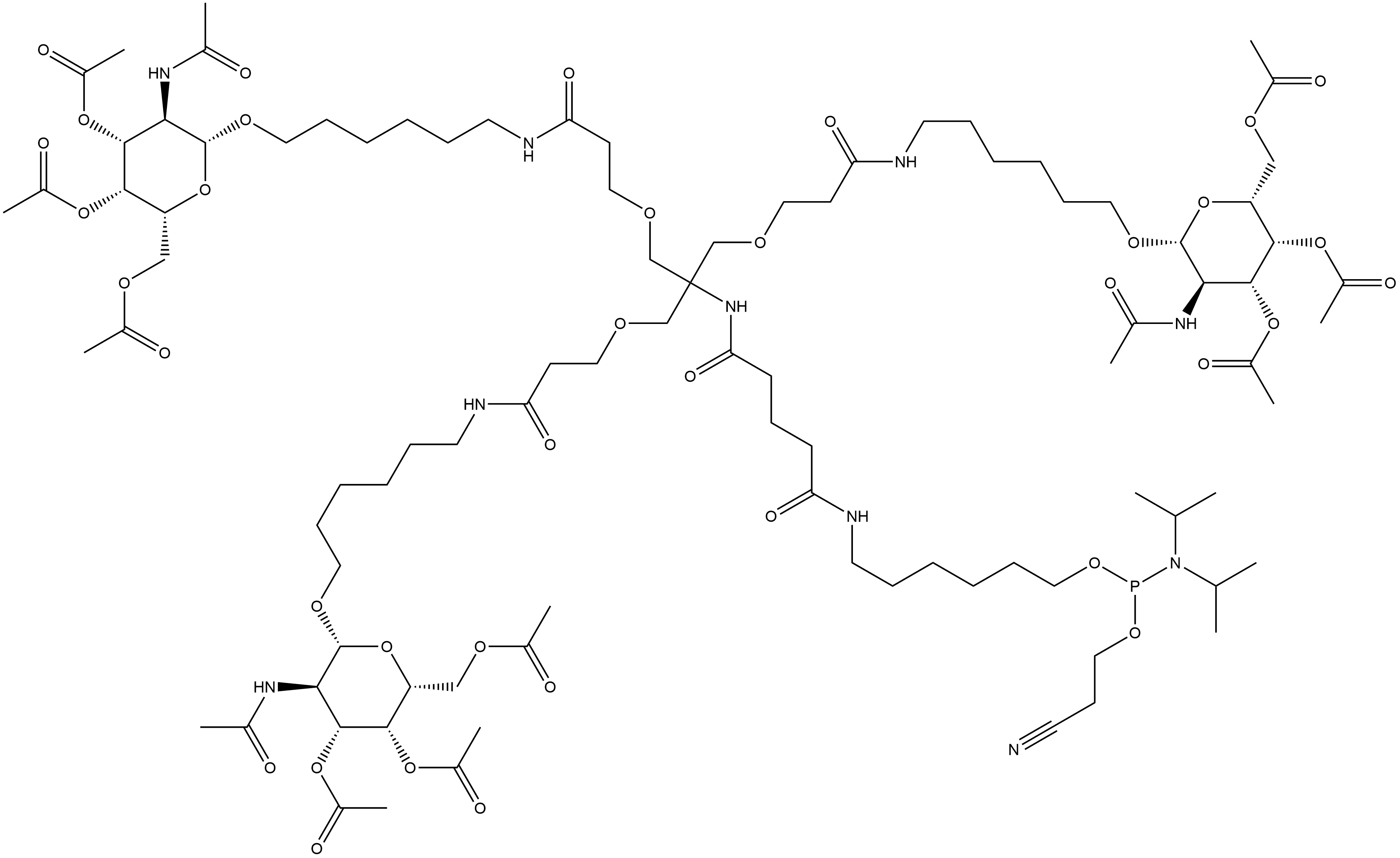 Phosphoramidous acid, N,N-bis(1-methylethyl)-, 2-cyanoethyl 8,12,19-trioxo-14,14-bis[[3-oxo-3-[[6-[[3,4,6-tri-O-acetyl-2-(acetylamino)-2-deoxy-β-D-galactopyranosyl]oxy]hexyl]amino]propoxy]methyl]-26-[[3,4,6-tri-O-acetyl-2-(acetylamino)-2-deoxy-β-D-galactopyranosyl]oxy]-16-oxa-7,13,20-triazahexacos-1... 구조식 이미지