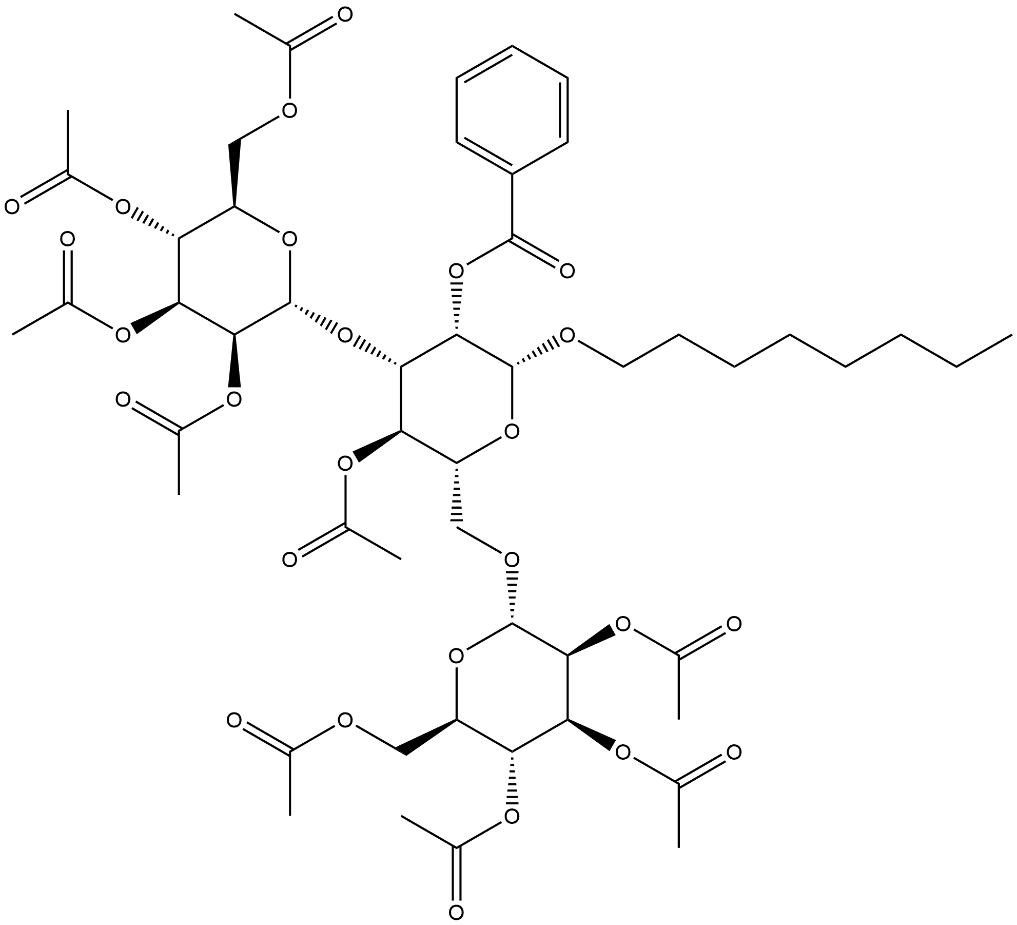 β-D-Mannopyranoside, octyl O-2,3,4,6-tetra-O-acetyl-α-D-mannopyranosyl-(1→3)-O-[2,3,4,6-tetra-O-acetyl-α-D-mannopyranosyl-(1→6)]-, 4-acetate 2-benzoate Structure