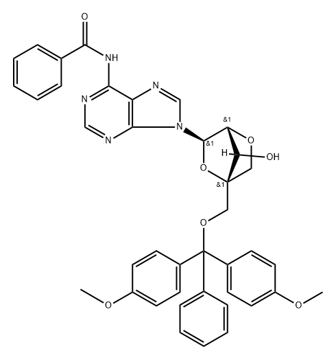 Benzamide, N-[9-[2,5-anhydro-4-C-[[bis(4-methoxyphenyl)phenylmethoxy]methyl]-α-L-lyxofuranosyl]-9H-purin-6-yl]- 구조식 이미지