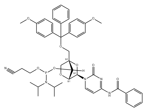 Cytidine, N-benzoyl-5'-O-[bis(4-methoxyphenyl)phenylmethyl]-2'-O,4'-C-methylene-, 3'-[2-cyanoethyl bis(1-methylethyl)phosphoramidite] (9CI) 구조식 이미지