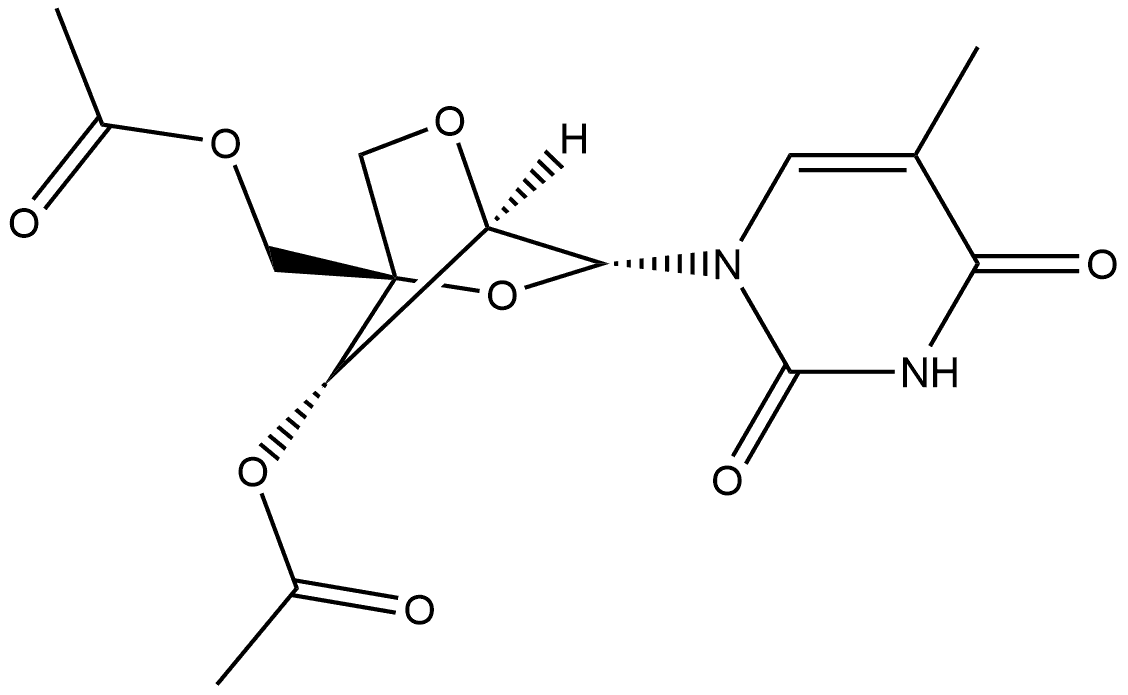 2,4(1H,3H)-Pyrimidinedione, 1-[3-O-acetyl-4-C-[(acetyloxy)methyl]-2,5-anhydro-α-L-lyxofuranosyl]-5-methyl- (9CI) 구조식 이미지