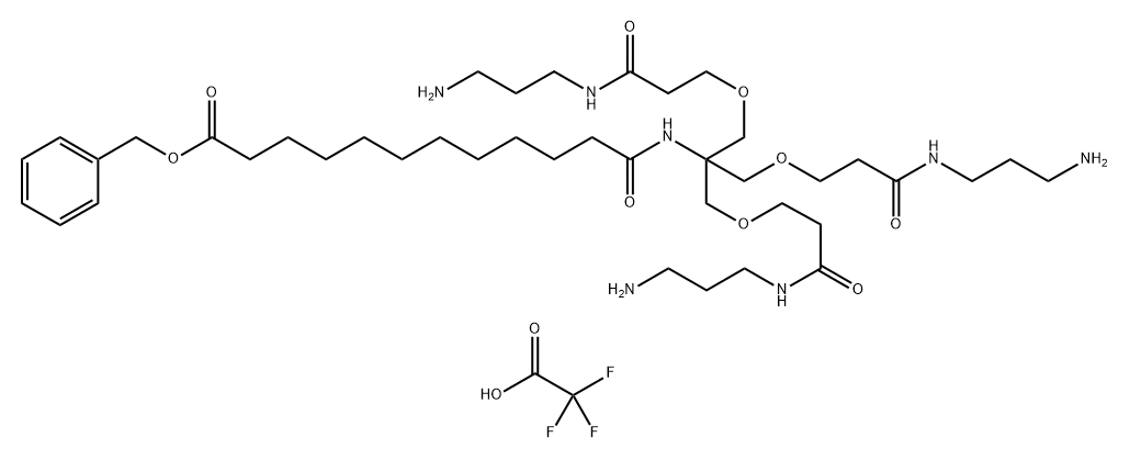 Dodecanoic acid, 12-[[2-[3-[(3-aminopropyl)amino]-3-oxopropoxy]-1,1-bis[[3-[(3-aminopropyl)amino]-3-oxopropoxy]methyl]ethyl]amino]-12-oxo-, phenylmethyl ester, 2,2,2-trifluoroacetate (1:3) Structure