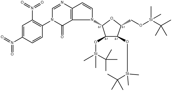 5-((2R,3R,4R,5R)-3,4-bis((tert-butyldimethylsilyl)oxy)-5-(((tert-butyldimethylsilyl)oxy)methyl)tetrahydrofuran-2-yl)-3-(2,4-dinitrophenyl)-3H-pyrrolo[3,2-d]pyrimidin-4(5H... Structure