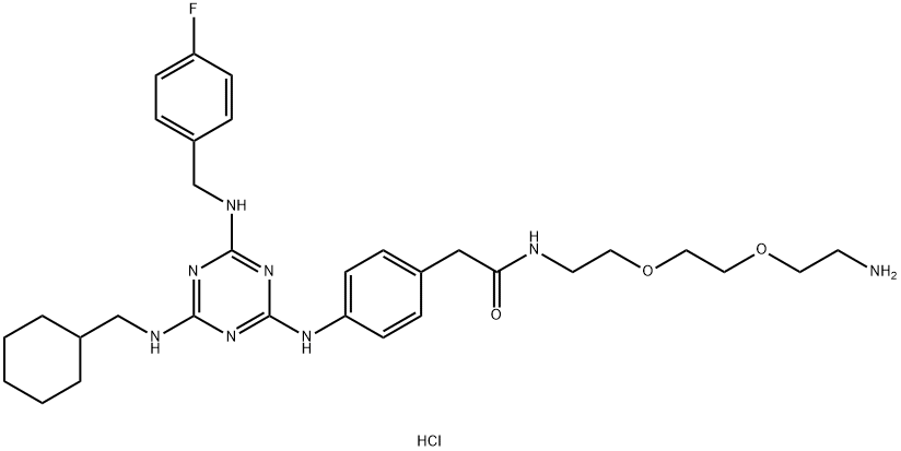 Benzeneacetamide, N-[2-[2-(2-aminoethoxy)ethoxy]ethyl]-4-[[4-[(cyclohexylmethyl)amino]-6-[[(4-fluorophenyl)methyl]amino]-1,3,5-triazin-2-yl]amino]-, hydrochloride (1:1) Structure